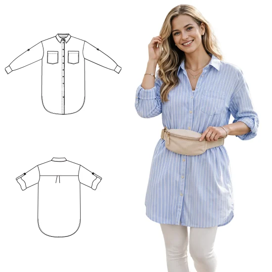 Wykrój na długą koszulę damską, bluzka koszulowa z kołnierzem - wykrój pdf
