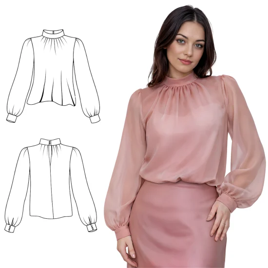 Bluzka ze stójką i marszczeniem - wykrój PDF