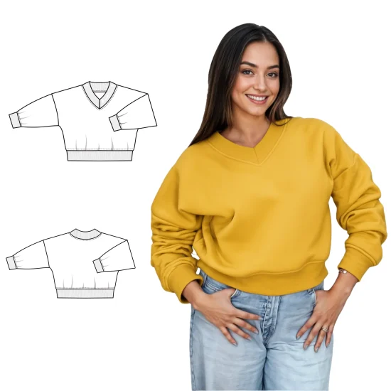 Wykrój na bluzę crop, krótką, do pasa, dekolt V, w szpic