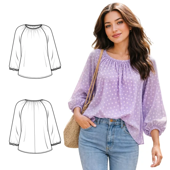 Wykrój na bluzkę raglanową z tkaniny, marszczona, oversize, bez zapięcia