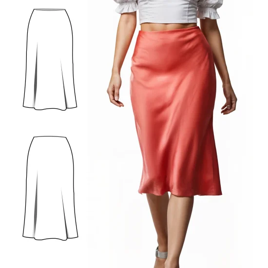 Wykrój na spódnicę ze skosu, PDF A4, A0, midi