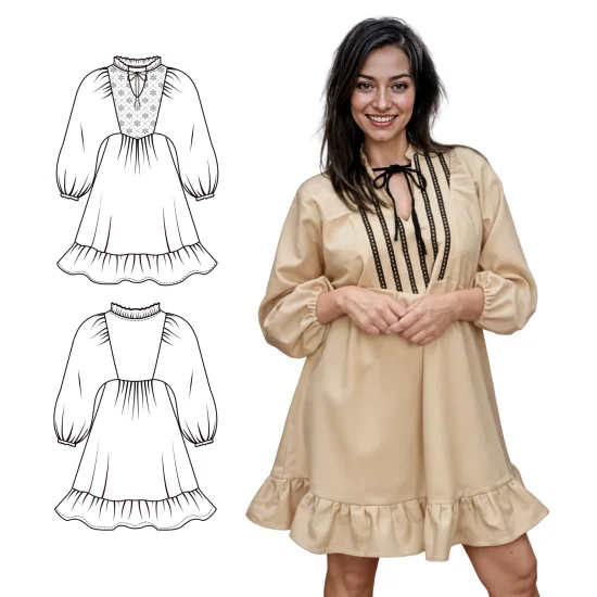 Wykrój na sukienkę boho, z falbankami, oversize, z tkaniny