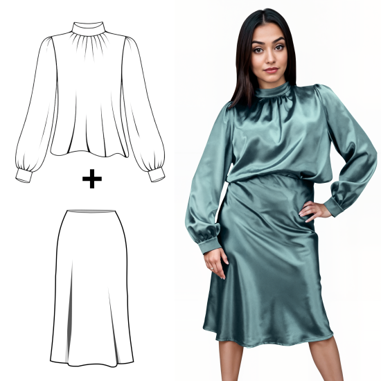Wykrój na bluzkę elegancką ze stójką i spódnicę ze skosu
